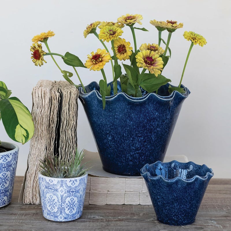 Creative Co-op Large Stoneware Planter with Ruffled Edge and Drainage Hole with Reactive Glaze, Blue - Image 3